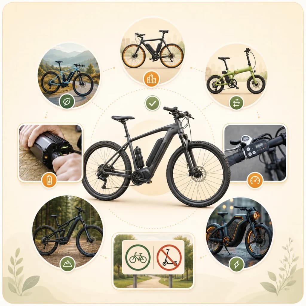 Illustration showing different e-bike types, features, controls, battery, throttle, and riding context to support bike comparison and review.