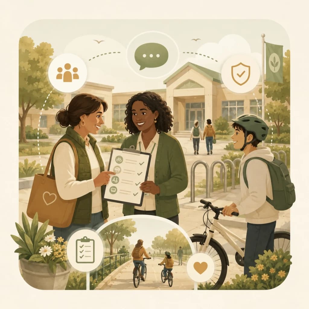 Illustration of school and PTSA e-bike safety planning, showing a school-community support scene with students, families, and bike-safety context.