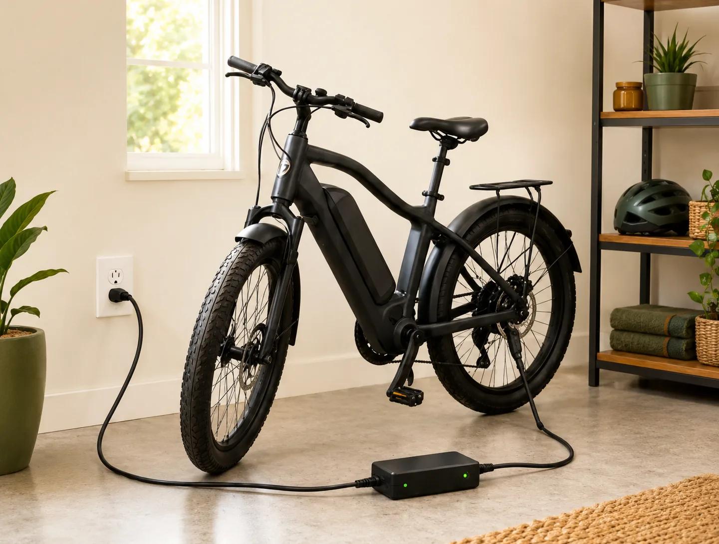 E-bike connected to a charger in a clean indoor charging area