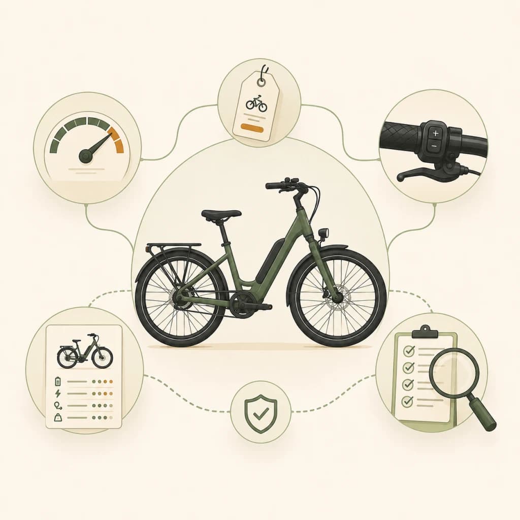 Illustration of an e-bike with feature checks for label, speed, throttle, settings, and buying questions.