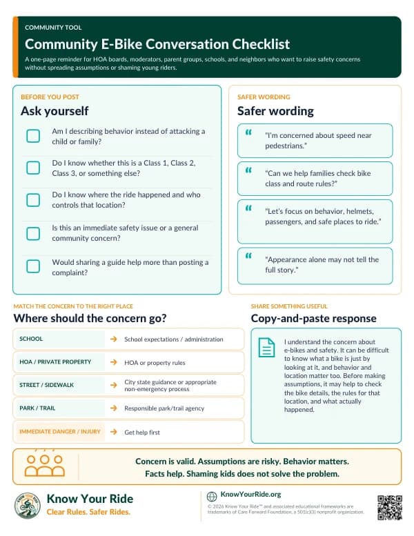 First page preview of the English Community E-Bike Conversation Checklist.