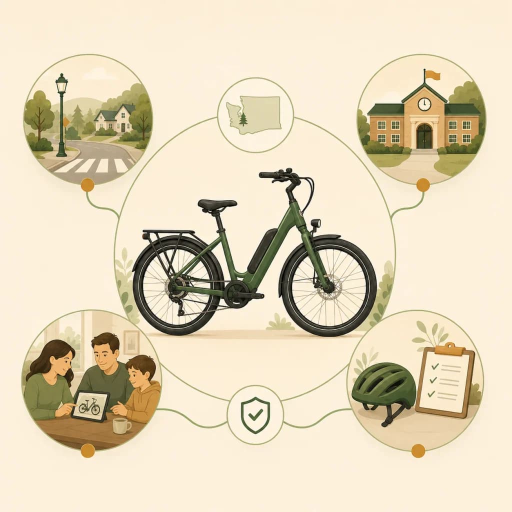 Illustration of a family reviewing an e-bike, home route, school, helmet, and safety checklist.