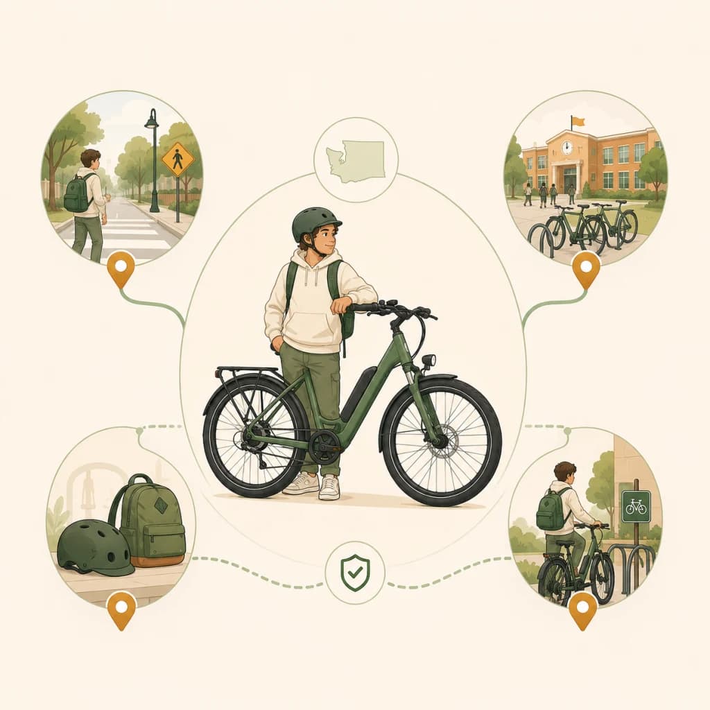 Illustration of a student with an e-bike near school, helmet, backpack, route, and bike rack safety context.