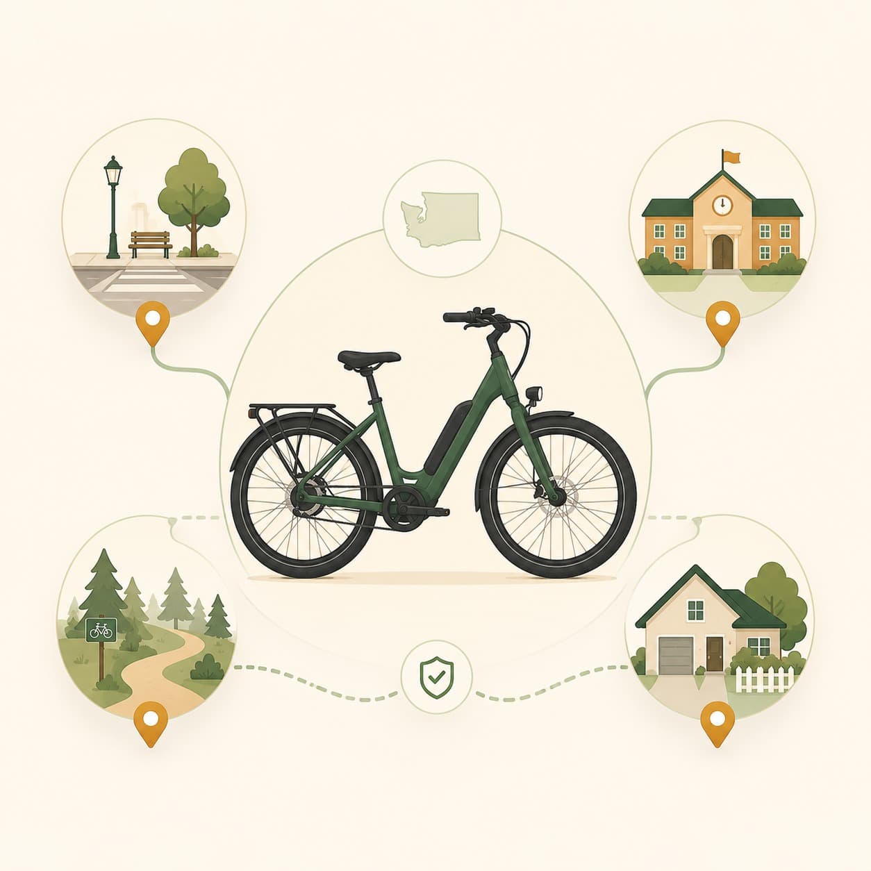 Illustration showing an e-bike connected to street, school, trail, and private property locations to explain that bike rules depend on place.