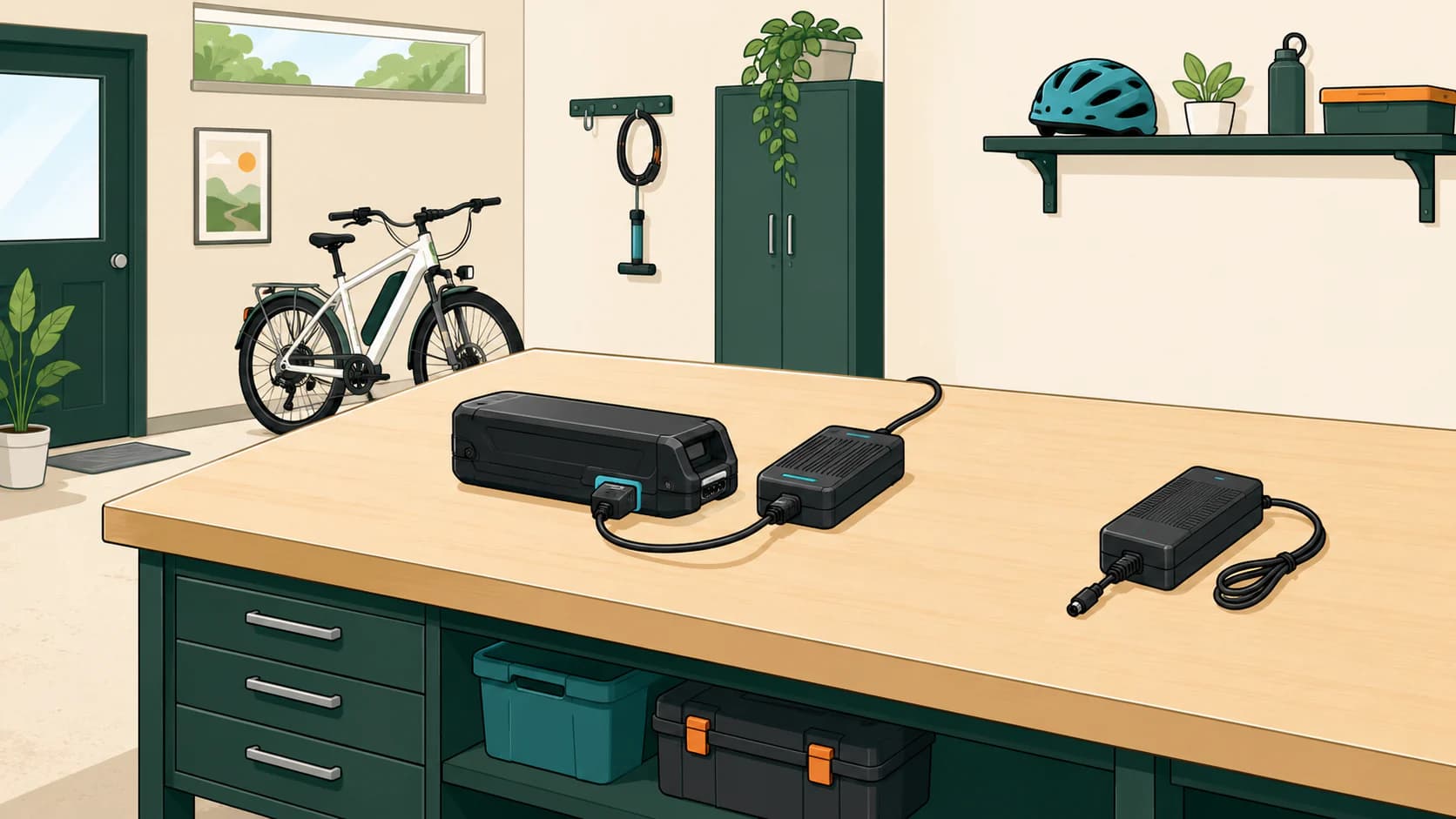 A charging workbench with an e-bike battery, its matched charger, and a separate lookalike charger.
