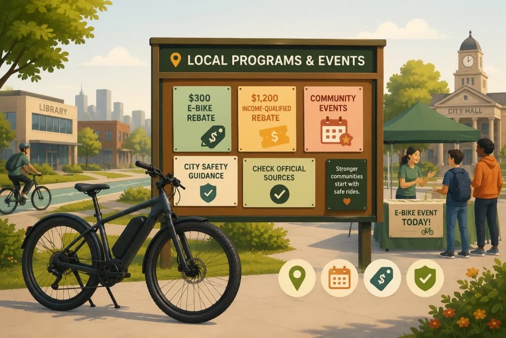 Illustration of a local e-bike programs and events board with rebate, city guidance, calendar, and official source cues in a friendly community setting.
