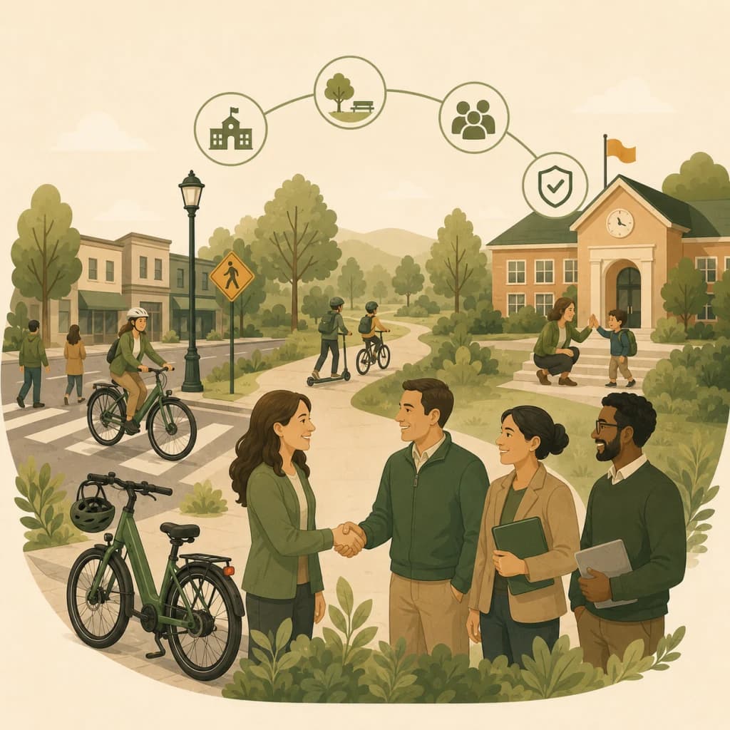 Illustration of schools, community groups, civic partners, and families collaborating around safer e-bike guidance.