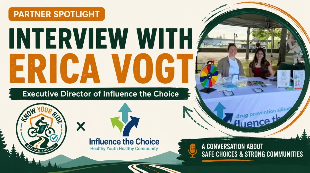 Partner spotlight graphic reading Interview with Erica Vogt, Executive Director of Influence the Choice, with Know Your Ride and Influence the Choice logos and a community booth photo.