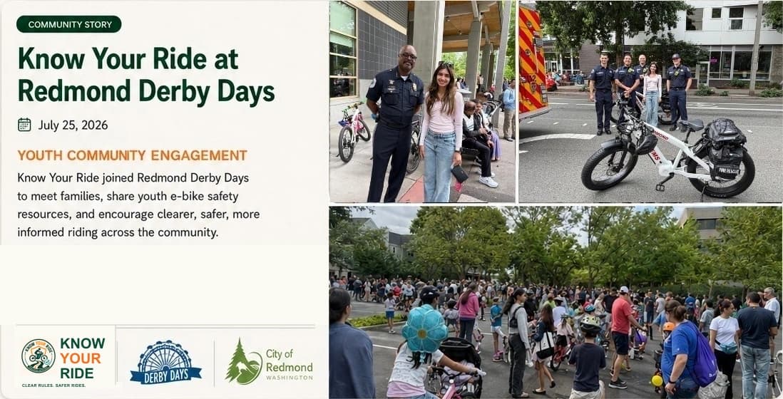 Know Your Ride at Redmond Derby Days community story cover with event photographs and youth e-bike safety messaging.